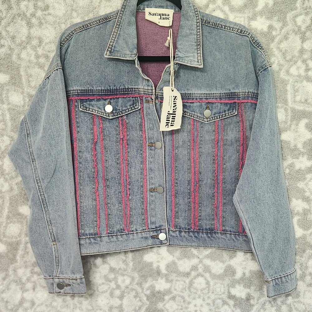 Savanna Jane Blue and Pink Jean Jacket with Pinstripe Details